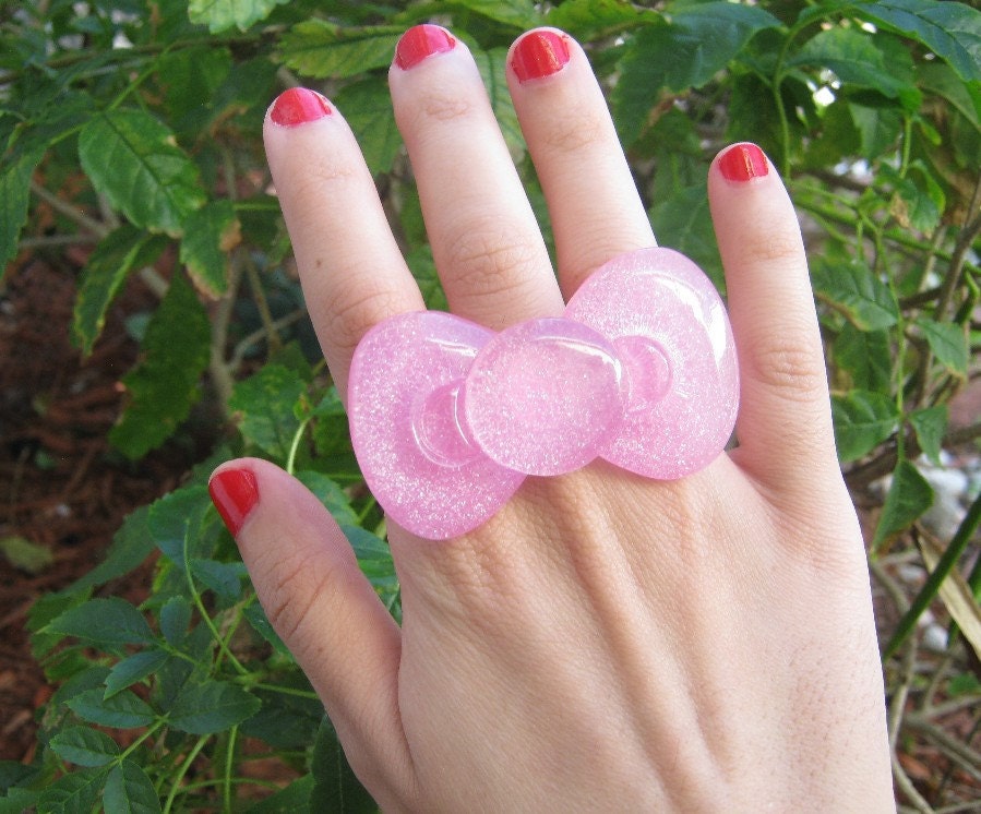 Pretty in Cotton Candy Pink Huge Glitter Bow Ring by PinkFrog4U from etsy.com