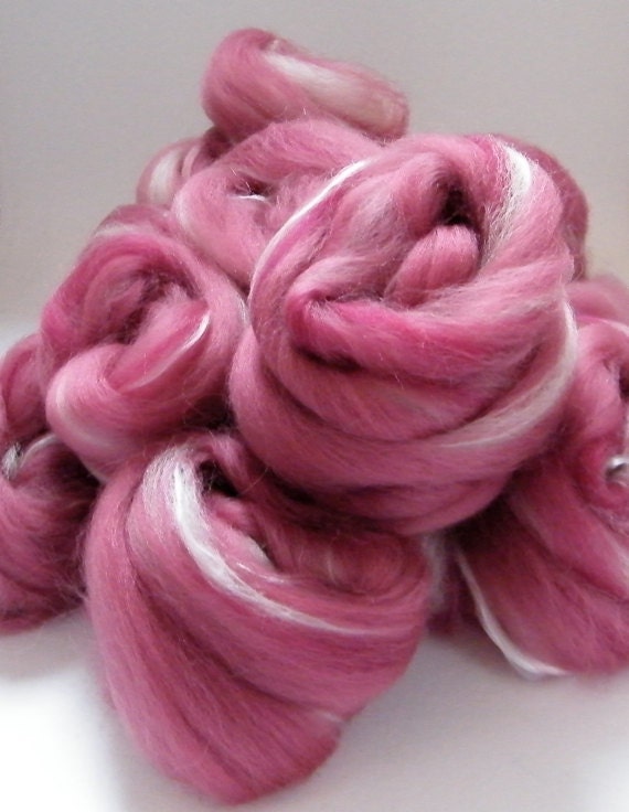 Wool Spinning Fiber -  Spa Day, Pink Wool Roving, Merino, BFL, Silk 100g