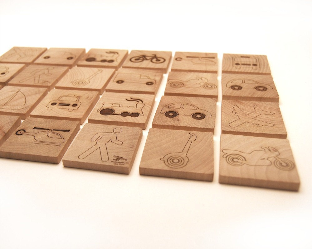 Transportation matching game - cars trucks boats planes wood toy 24 square tiles
