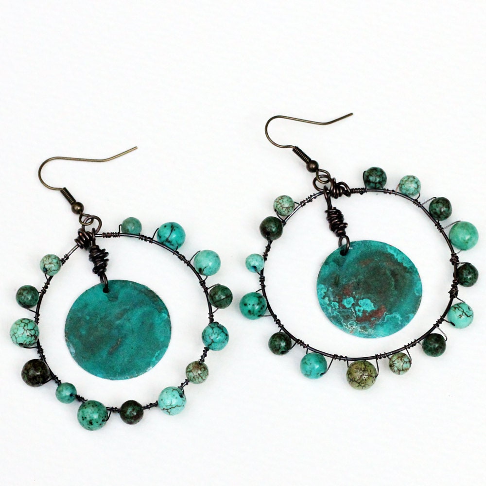 Gypsy Hoop Earrings Verdigris dangle Coin Magnesite Turquoise Belly Dance lightweight round Oxidized Copper Bohemian circles
