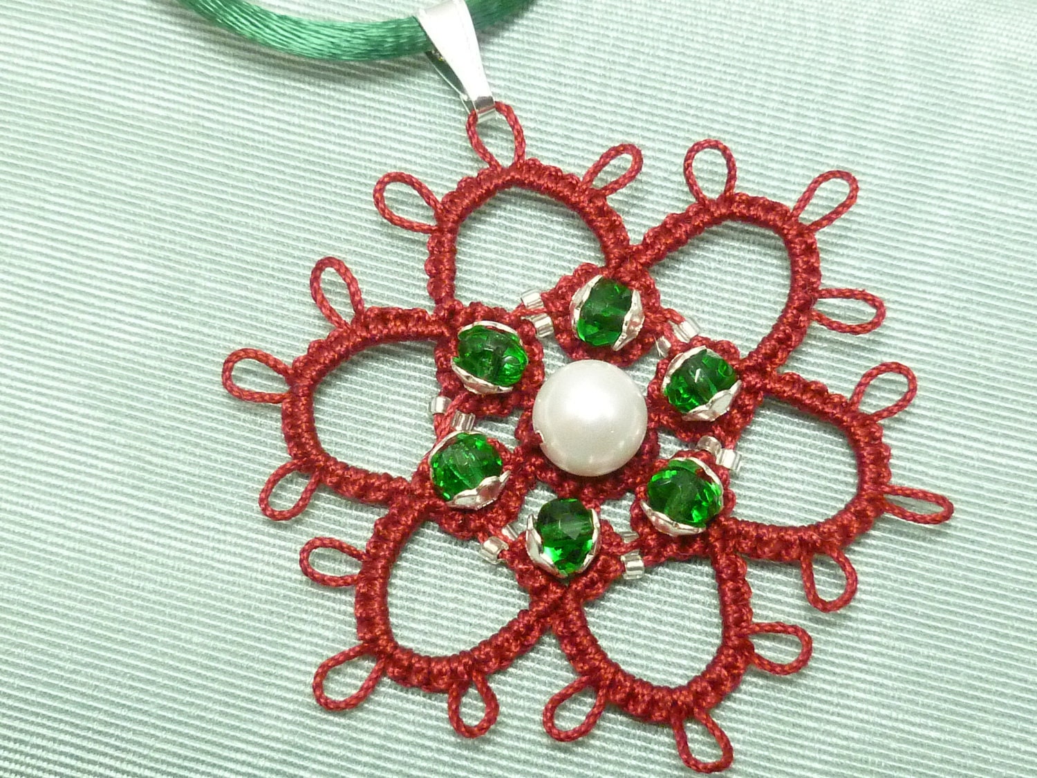 Tatted Flower Pendant -Red Christmas Blossom Pendant with Crystals and Sterling