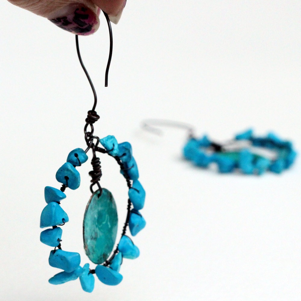 Gypsy Fortune Teller Earrings Ocean Blue Verdigris dangle Hoop Mermaid Goddess Coin Turquoise Belly Dance Oxidized Copper Boho circles