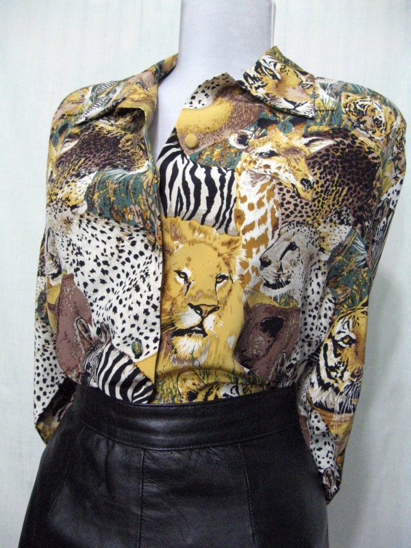 Vintage 80s Silk Blouse Safari AnimalPrint Sz S
