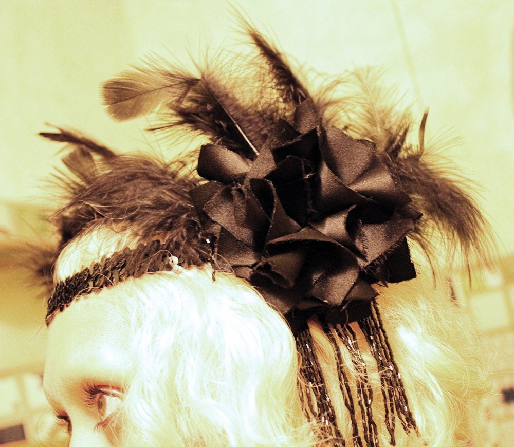 Black Queen Headband Belly Dance Black Flowers Feathers Noir 1920s Headpiece Gothic Gypsy Headdress