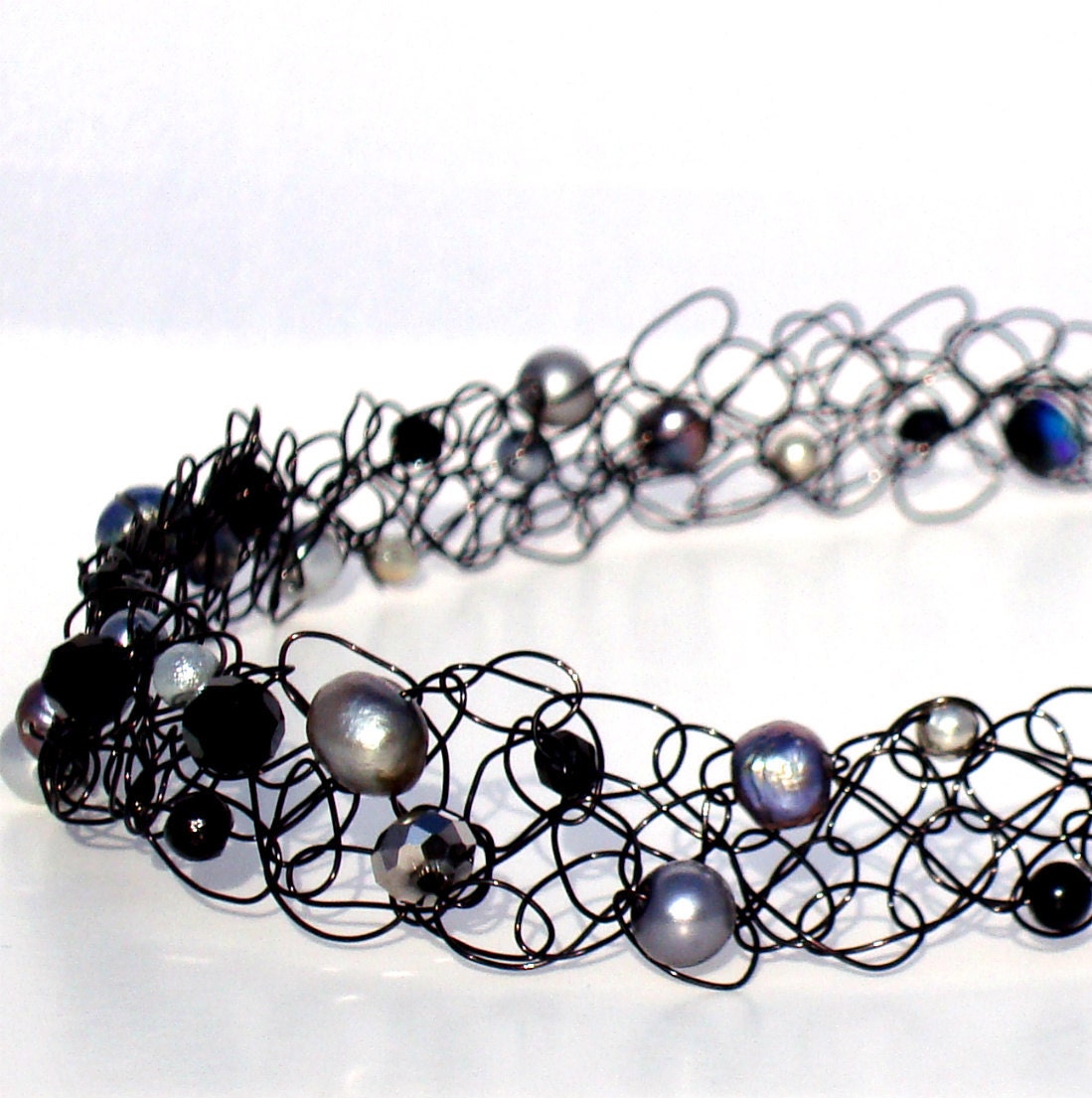 Black Pearl Necklace. Wire Knit Jewelry, Wedding Necklace, Collar by lapisbeach on Etsy with pearls and crystals