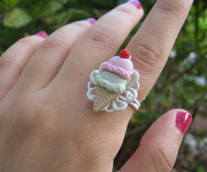 Ice Cream Shop Ring in White with Strawberry and by PinkFrog4U from etsy.com