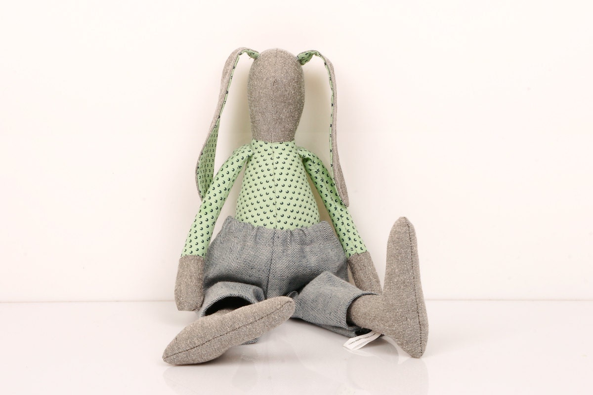 Gray  rabbit in Green Mint with dark circles Shirt  Wearing Light Gray Jeans - handmade fabric doll