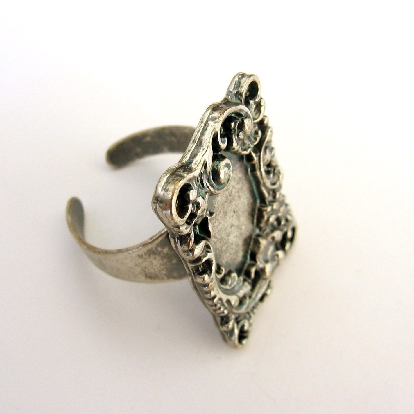 Antiqued Silver Filigree Vintage Style Adjustable Ring Base Blank Bezel