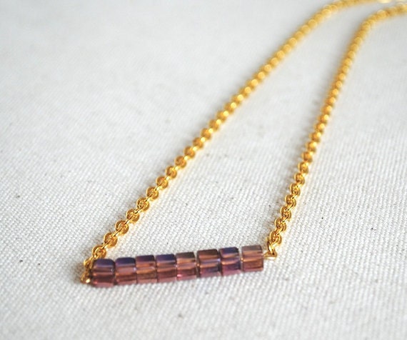 Simple Bar Necklace - Amethyst Cube Beads on Gold Tone Chain