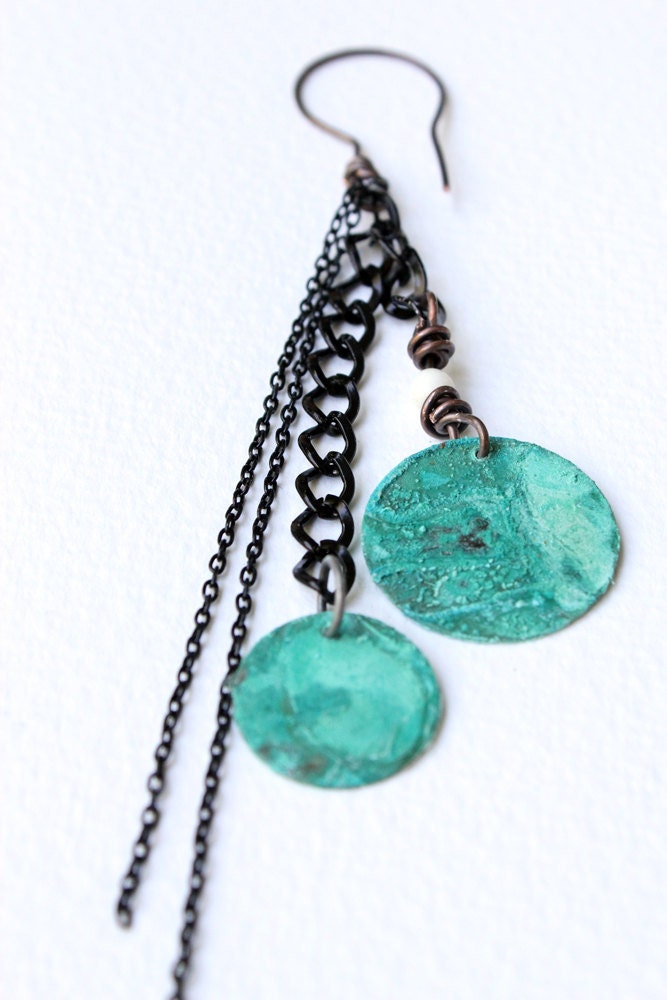 Gypsy Pirate Coin Earring Long black Chains Spiral oxidized wire Sea Green Verdigris Nine Pieces of Eight Punk Rock Warrior OOAK