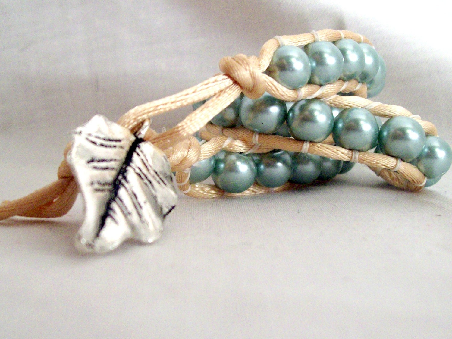 Seafoam Green Pearls and Silk Cord Wrap Around Bracelet