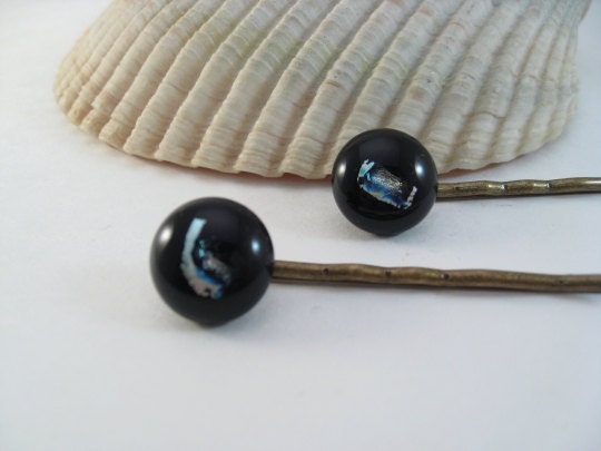 Decorative Glass Bobby Pins - Black Silver Dichroic Hair Accessory