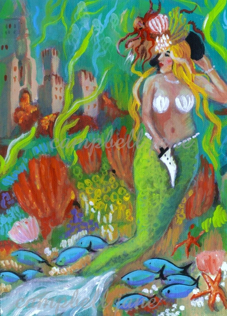 Mermaid Print 8 x 10 Mermaid Sea Life Sea Shells Pearls Pirate Hat Knife Sand Castle Octopus