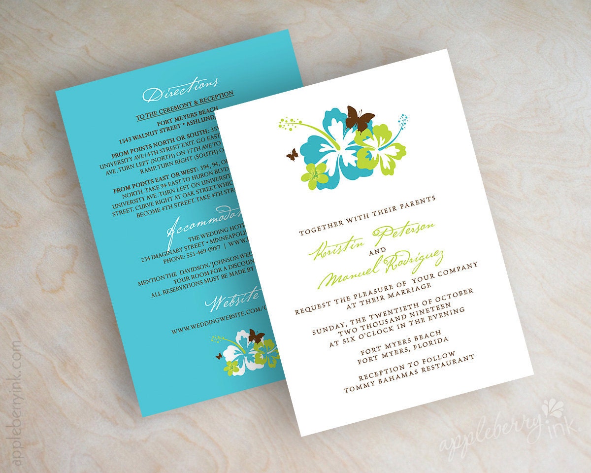 Wedding invitations, hibiscus and butterflies, tropical destination in teal blue, aqua, sage green and brown