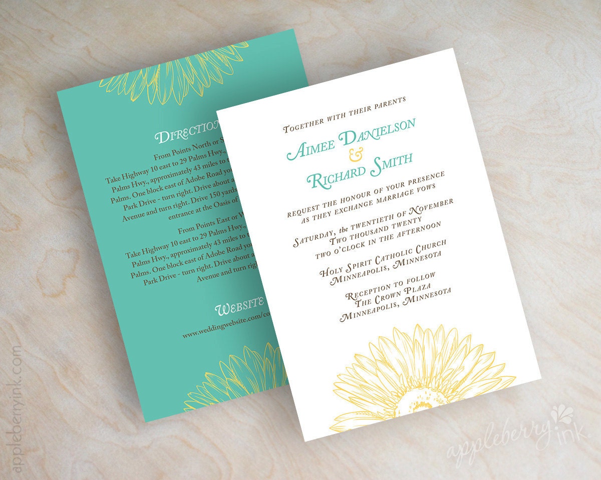 Wedding invitations, gerbera daisy sketch in turquoise, teal, gold, brown and white