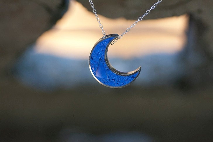 Crescent Moon Pendant / Necklace - Stainless Steel and Dark Blue Tinted Concrete