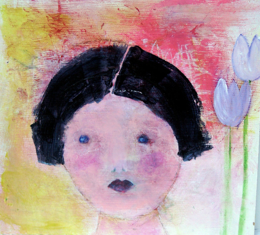 Naive Folk Art BELLE girl figurative contemporary progressive intuitive affordable art