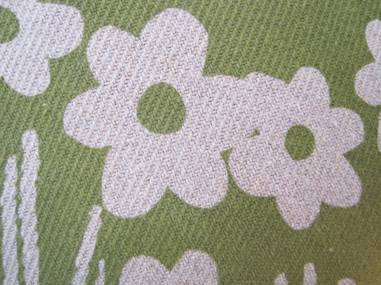 Olive Pillow, Wild Flowers, Grass, 15 Inch on Oatmeal RECYCLED Twill fabric