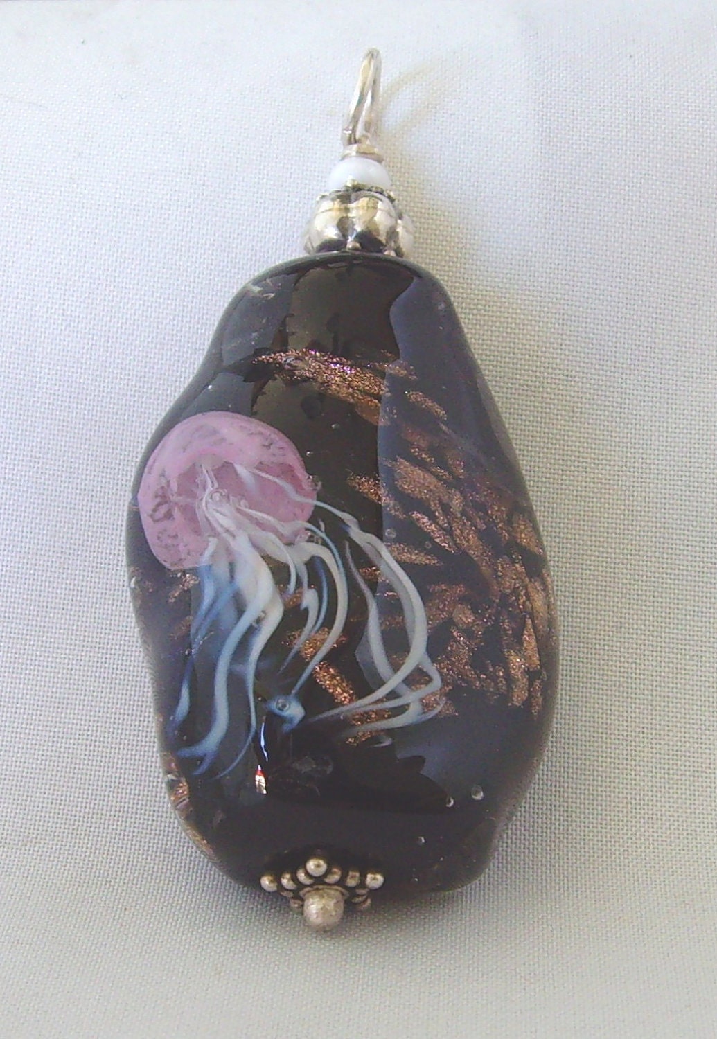 Return of the Jelly from the Black Lagoon, lampworked jellyfish pendant, Artisan lampwork glass bead pendant