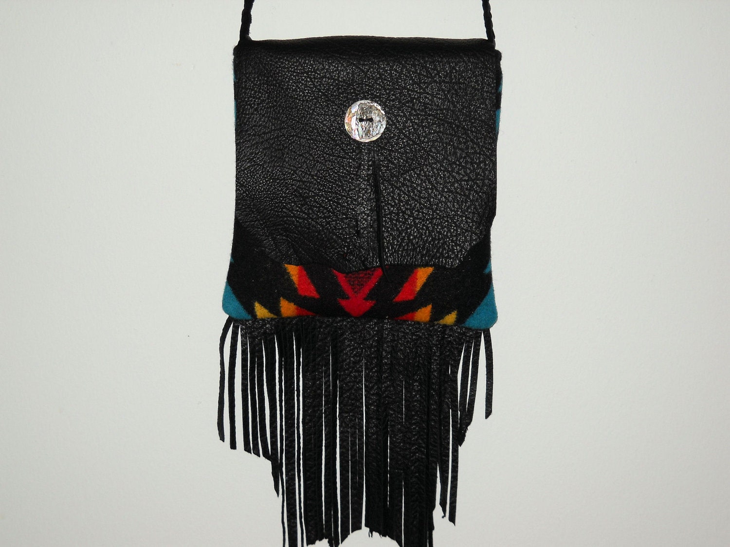 Pendleton Wool Southwestern Geometric Black and Red Purselet with Elk Fringe - Small