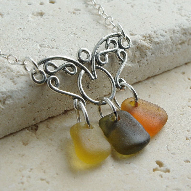 Go Green Spring SALE - Authentic Sea Glass Necklace - Autumn Sterling Silver Butterfly Chandelier