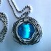 necklace, bead necklace, blue jewelry, industrial jewelry, steampunk jewelry, wire wrapped, glass bead necklace, aqua blue, pendant necklace