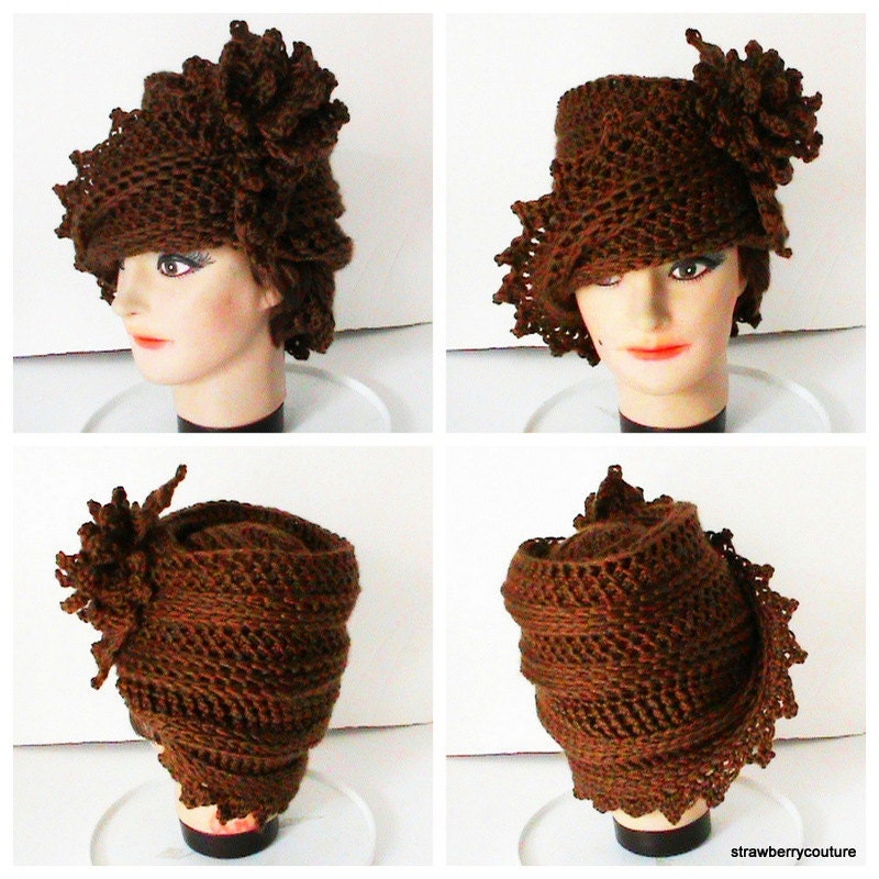 Womens Crochet Hat - Crochet Steampunk Cloche Hat with Swirls in Chocolate Brown Acrylic with Flower  - Winter Accessories Spring Fashion