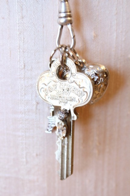Vintage Blinged Key, Eiffel Tower, and Engraved Puffy Heart Charm Pendant Necklace