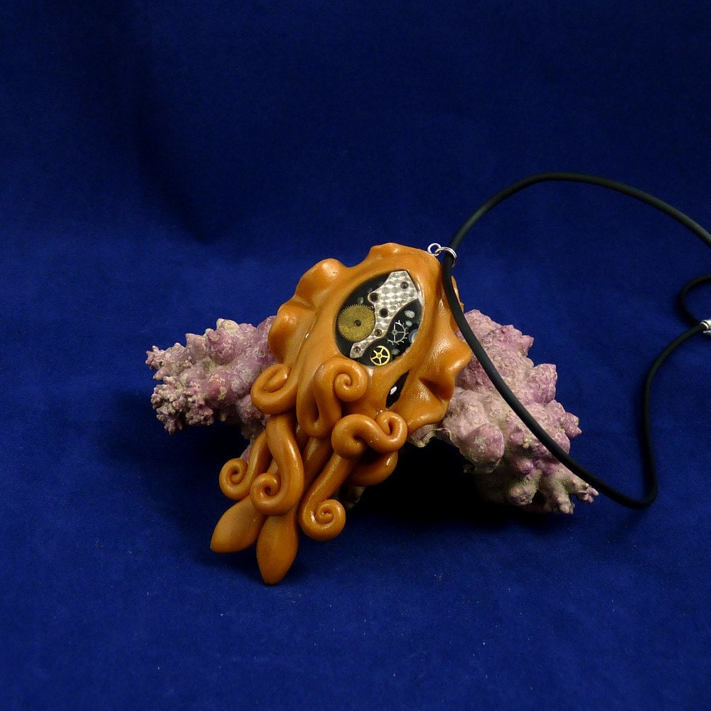 Brass Steampunk Cuttlefish Necklace - Handmade Polymer Clay Jewelry