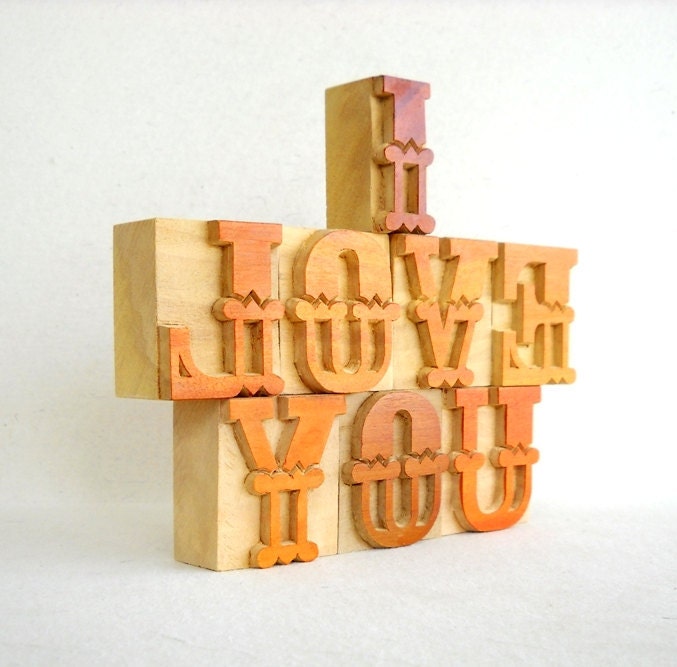 FREE SHIPPING - I Love You - 8 Designer Letterpress Wooden Letters -VM60