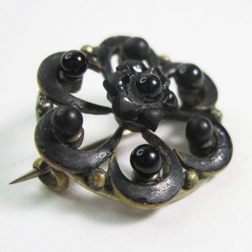 Small Antique Victorian Mourning Pin French Jet and Black Enamel C1880
