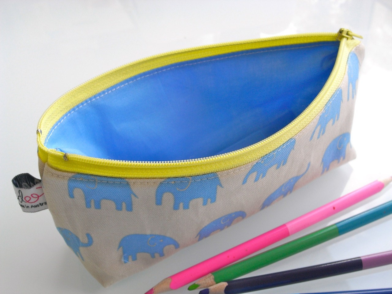 Zippered Pencil Case / Pouch - Blue Elephants