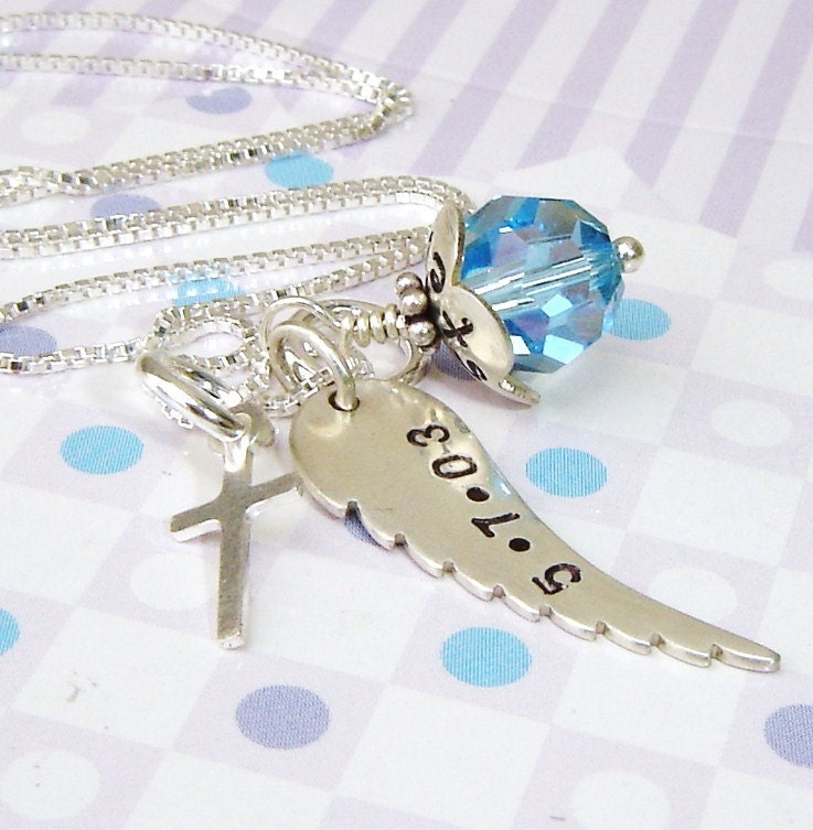 Handstamped angel wing charm necklace - name and date stamp