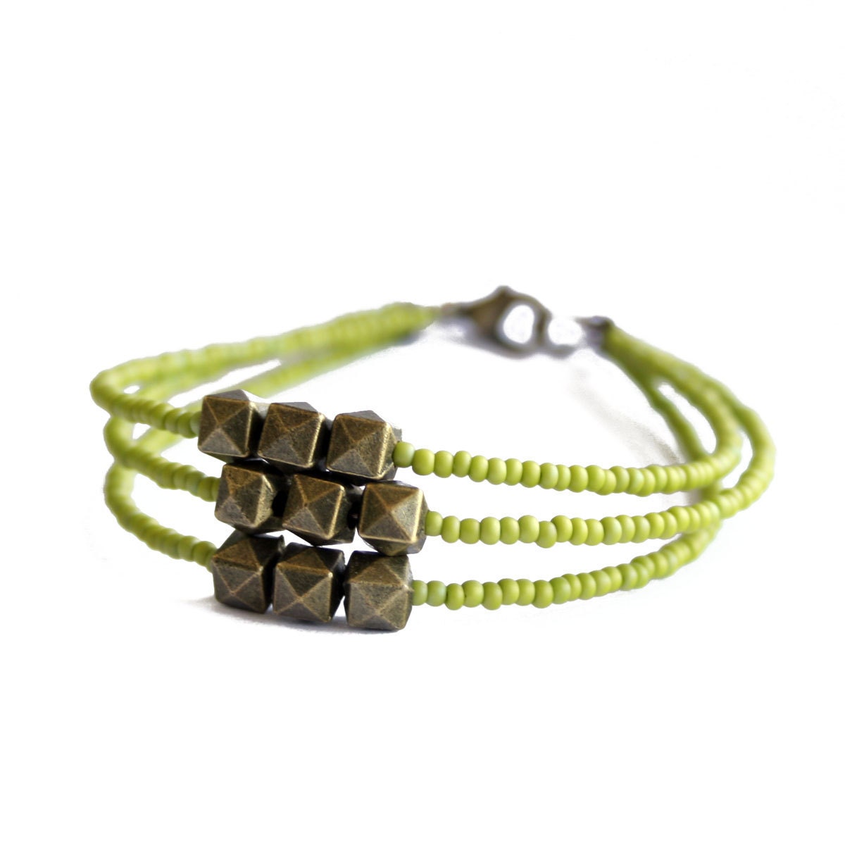 Apple Green Modern Friendship Bracelet // Apple Green Seed Bead Bracelet with Brass Bead Charms