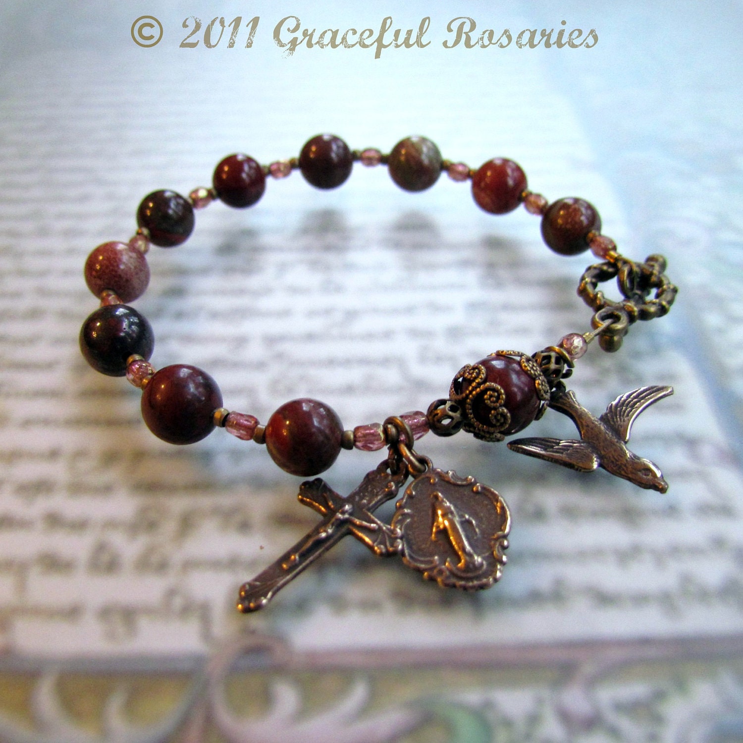 Confirmation  Gift Rosary Bracelet - Red Jasper Gemstone with Catholic medals