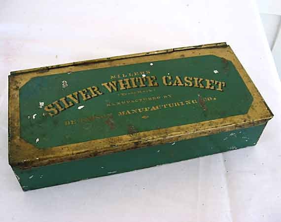 Antique Victorian 1880's Stencil Decorated Advertising Tin Box, Dennison Millers Silver White Casket
