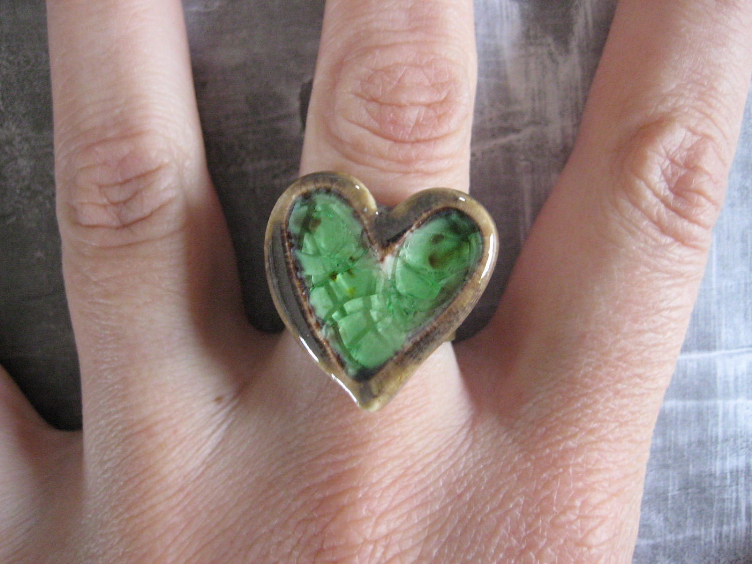 Love Me -  Green and Brown Heart Ring with adjustable band