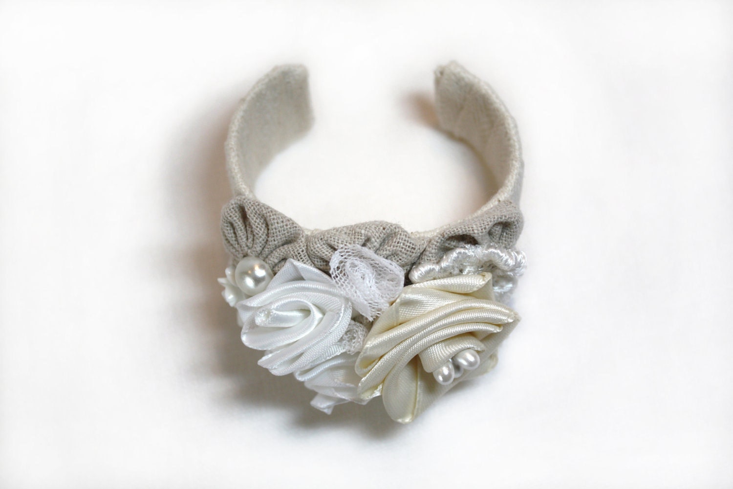 Vintage Satin Roses and Lace Cuff Bracelet with  Pearls, Tulle, Flowers and Linen
