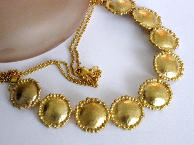 Gold necklace hammered domes, Goldplated silver and brass handcrafted jewelry