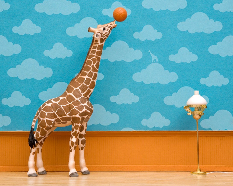 giraffe print, blue, basketball, nursery art, clouds - Standing Tall 8 x 10