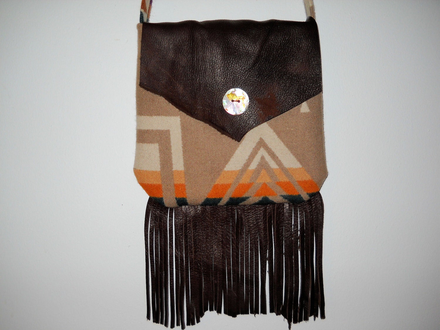 Tan Harding Pendleton Wool Southwestern Geometric Fringed Possibles Purse / Bag / Messenger Medium