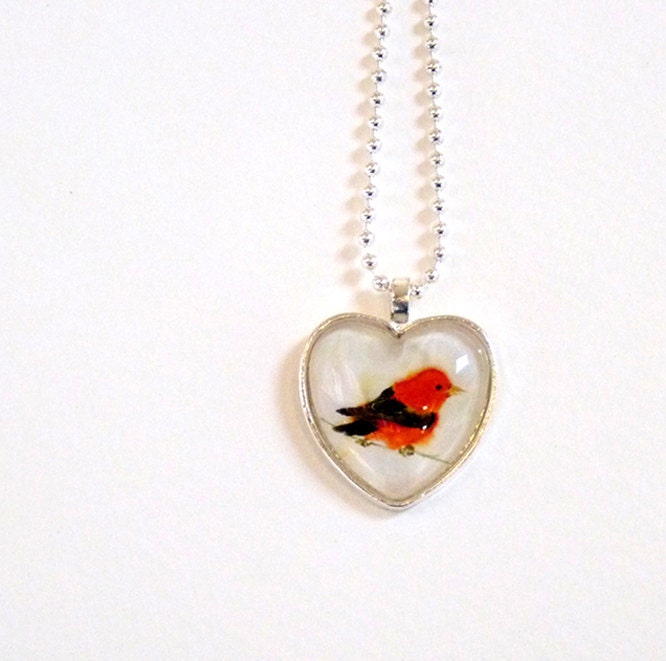 Red Bird Art Watercolor Glass Hart Pendant: Mothers Day Love Women Teen Girls Kids Necklace Jewelry Ball Chain Price Under 20