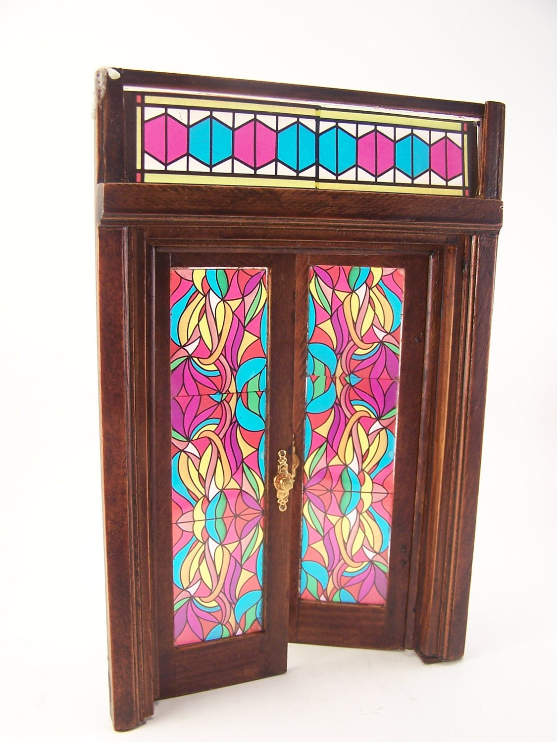 vintage doll house french door wooden doors blue green red stained glass patterns