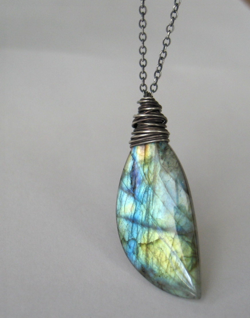 Teal Blue Labradorite Necklace, Sterling Silver, Cool Calm Statement Jewelry, Falling Leaf