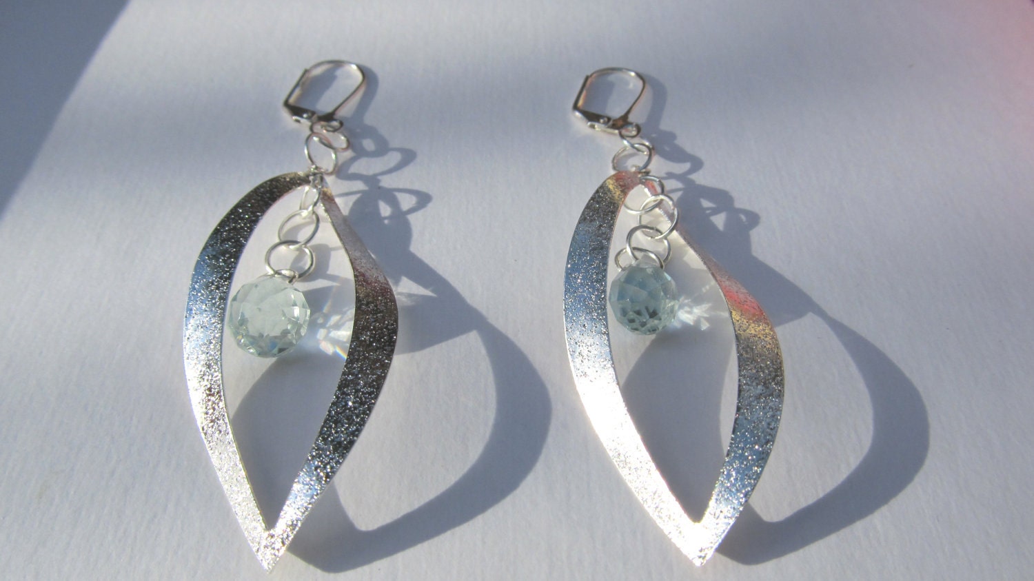 Delicate Jewelry, Dangle Earrings, Silver Leaf, Aqua Quartz Glass Faceted Briolette Bead, Light Blue Earrings, Crystals, Sparkle