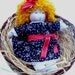 Waldorf doll 13"-12" - dark blue dress with small white flowers, red belt and satin bow