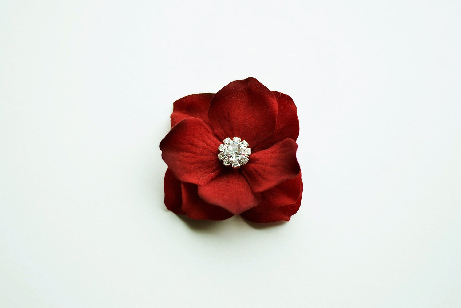 Bridesmaid Hair Clip - Red Hair Flower, Velvet, Crystal, Deep Red, Small