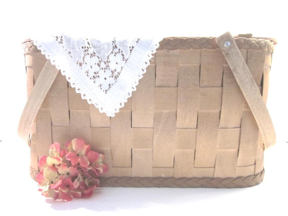RESERVED Vintage Picnic Basket Wooden with Lace Runner Excellent ConditionTREASURY ITEM
