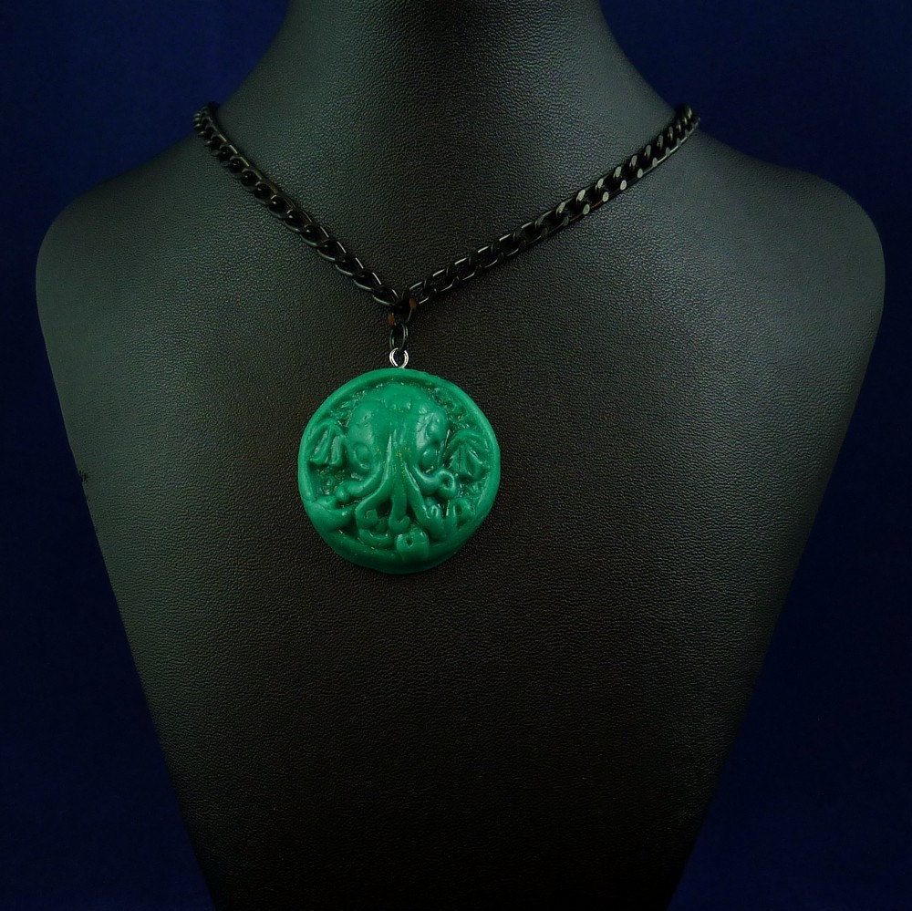 Jade Small Cthulhu Cameo Necklace with Chain - Handmade Polymer Clay Jewelry
