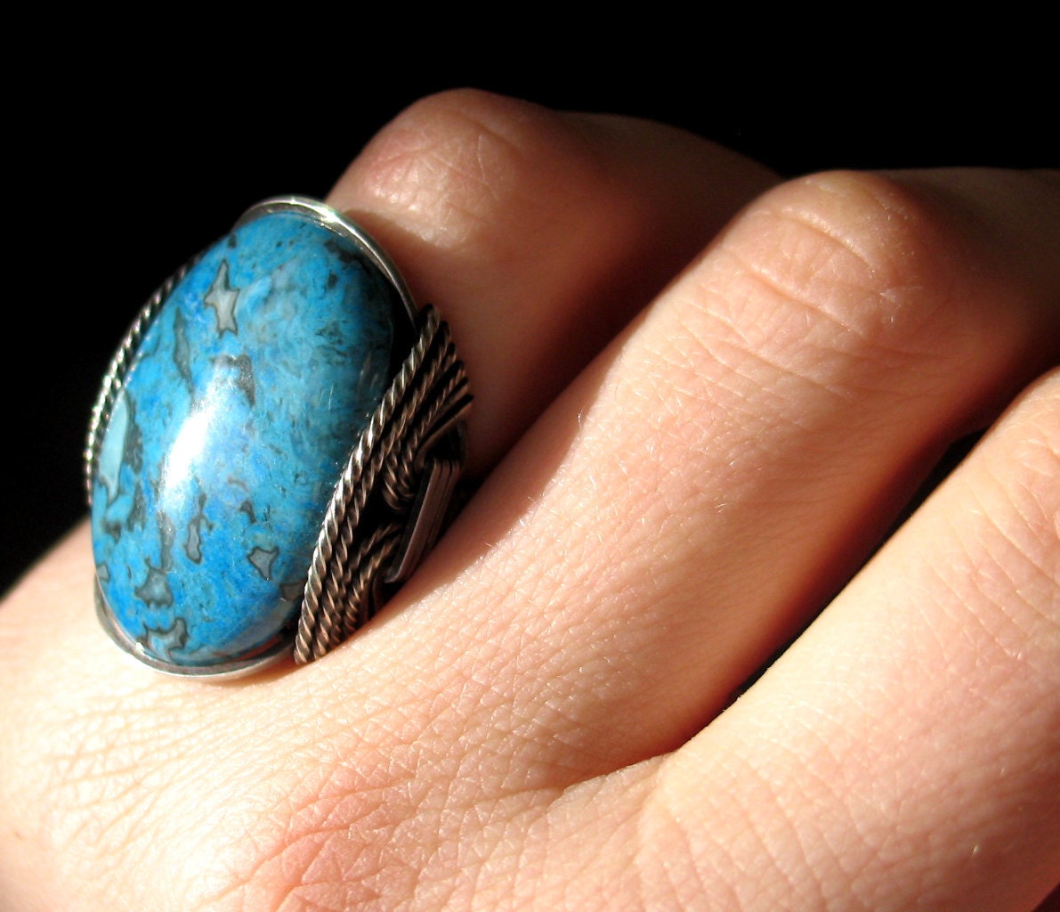 Teal Blue Agate Ring, Crazy Lace Stone Jewelry, Sterling Silver Wire, Statement Ring